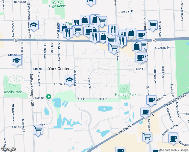 map of restaurants, bars, coffee shops, grocery stores, and more near 18W179 Standish Lane in Villa Park
