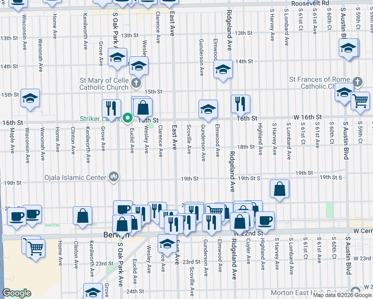 map of restaurants, bars, coffee shops, grocery stores, and more near 1800 Scoville Avenue in Berwyn