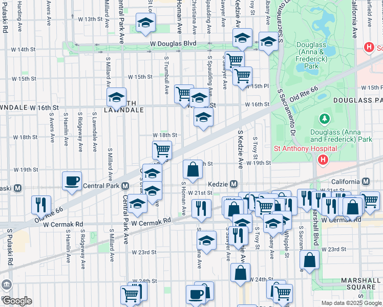 map of restaurants, bars, coffee shops, grocery stores, and more near 3349 W Ogden Ave in Chicago