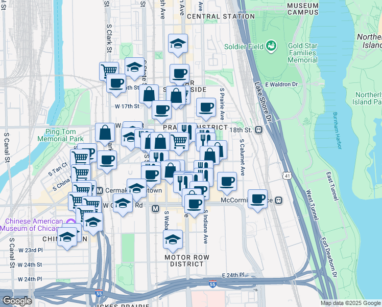 map of restaurants, bars, coffee shops, grocery stores, and more near 1925 Michigan Avenue in Chicago