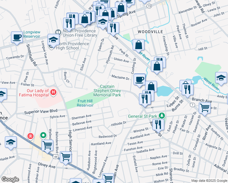 map of restaurants, bars, coffee shops, grocery stores, and more near 138 Smithfield Road in North Providence