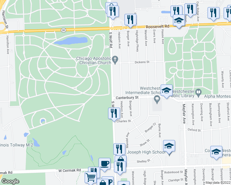 map of restaurants, bars, coffee shops, grocery stores, and more near 1541 South Wolf Road in Hillside