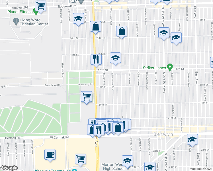 map of restaurants, bars, coffee shops, grocery stores, and more near 1645 Maple Avenue in Berwyn