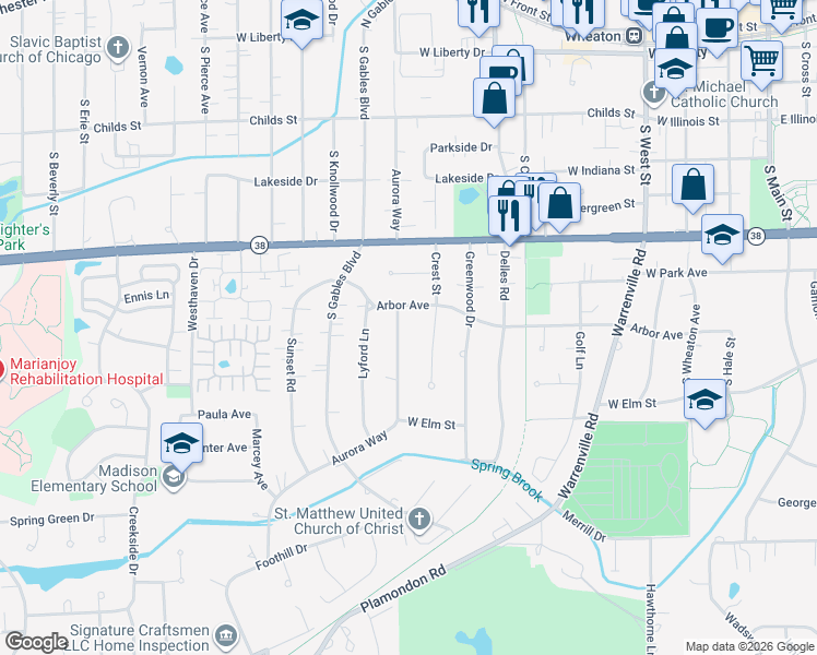 map of restaurants, bars, coffee shops, grocery stores, and more near 905 Aurora Way in Wheaton