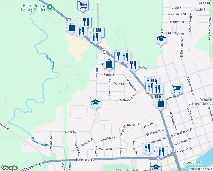 map of restaurants, bars, coffee shops, grocery stores, and more near 322 Park Street in Dixon