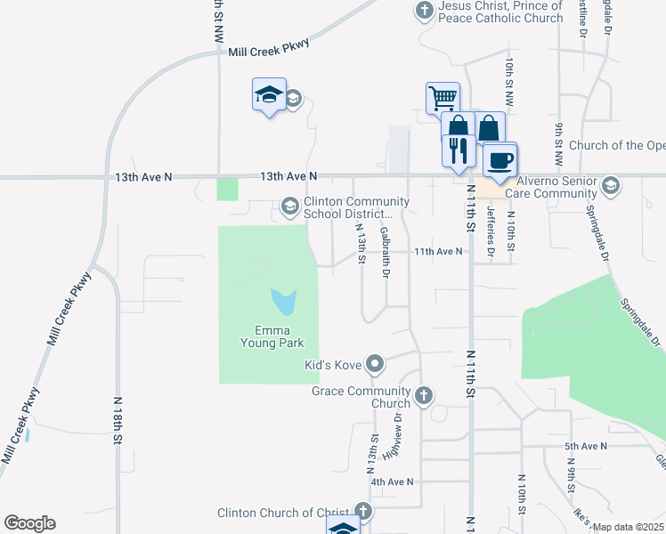 map of restaurants, bars, coffee shops, grocery stores, and more near 1099 Willany Drive in Clinton