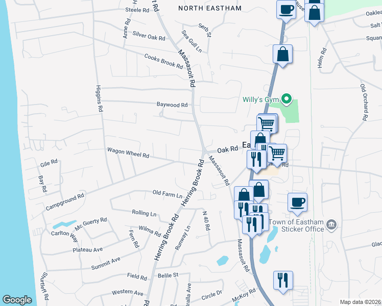map of restaurants, bars, coffee shops, grocery stores, and more near 25 Millennium Lane in Eastham