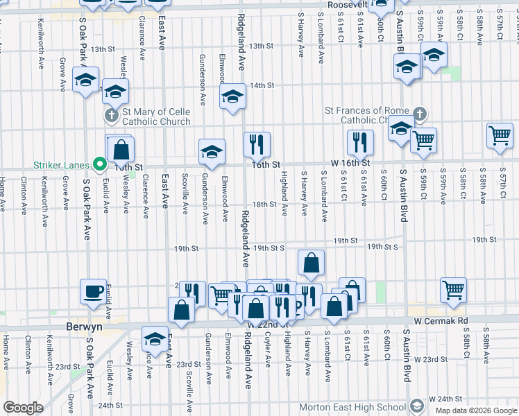map of restaurants, bars, coffee shops, grocery stores, and more near 1800 Cuyler Avenue in Berwyn
