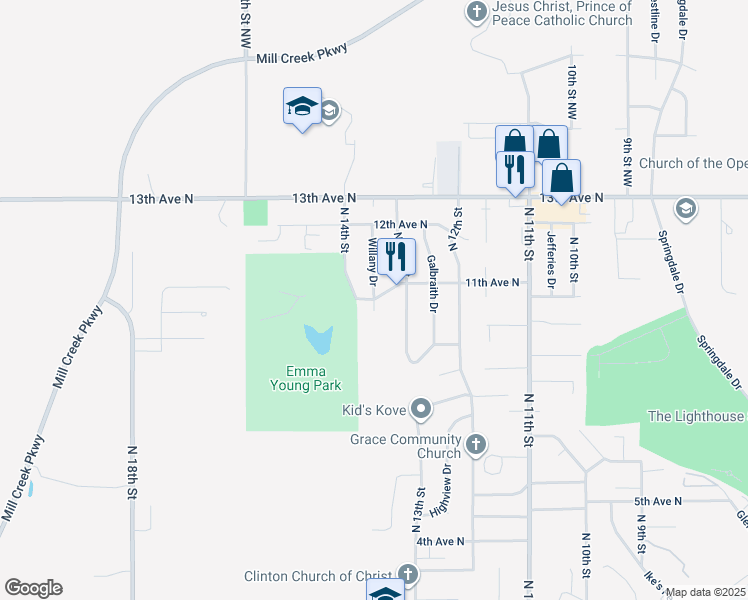 map of restaurants, bars, coffee shops, grocery stores, and more near Willany Drive in Clinton