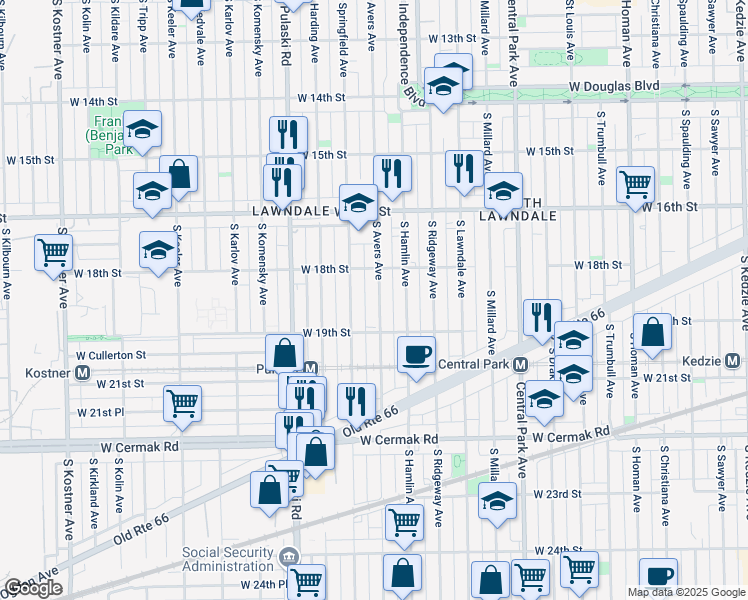 map of restaurants, bars, coffee shops, grocery stores, and more near 1834 South Avers Avenue in Chicago