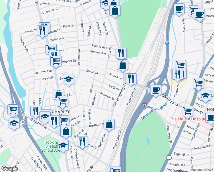map of restaurants, bars, coffee shops, grocery stores, and more near 76 Swift Street in Providence