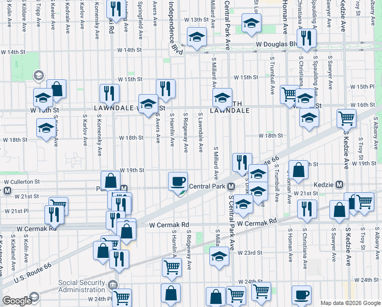 map of restaurants, bars, coffee shops, grocery stores, and more near 1837 South Ridgeway Avenue in Chicago