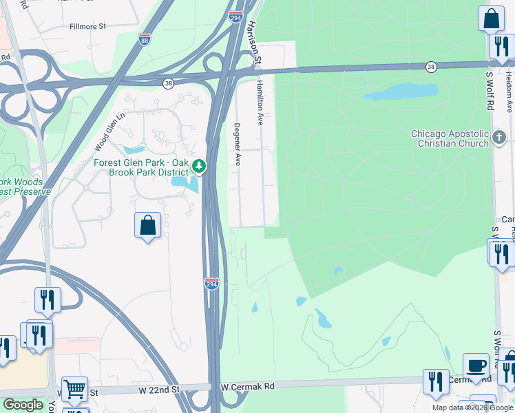 map of restaurants, bars, coffee shops, grocery stores, and more near 1330 Hamilton Avenue in Elmhurst