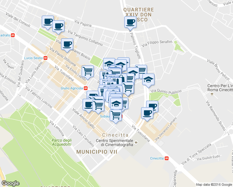 map of restaurants, bars, coffee shops, grocery stores, and more near 31 Via Caio Rutilio in Rome