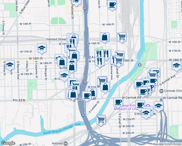 map of restaurants, bars, coffee shops, grocery stores, and more near South Canalport Avenue & South Ruble Street in Chicago