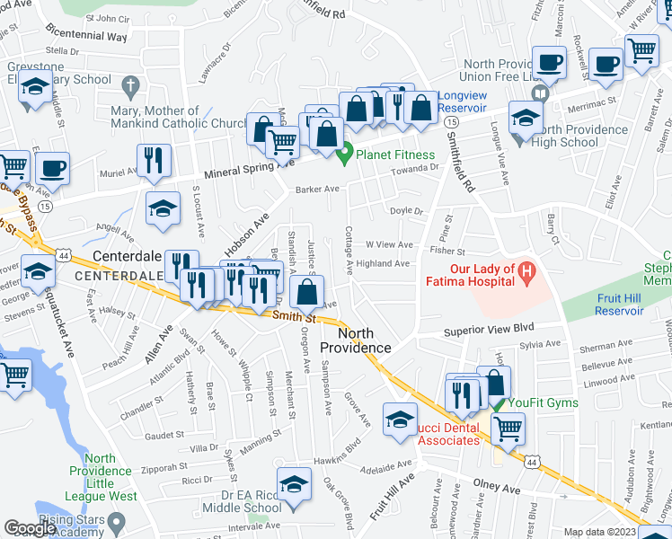 map of restaurants, bars, coffee shops, grocery stores, and more near 74 Sunset Avenue in North Providence