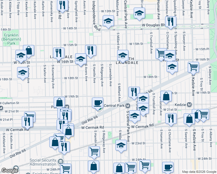map of restaurants, bars, coffee shops, grocery stores, and more near 1837 South Ridgeway Avenue in Chicago