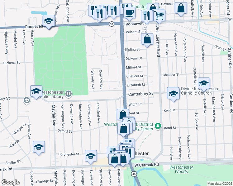 map of restaurants, bars, coffee shops, grocery stores, and more near 10431 Waterford Drive in Westchester