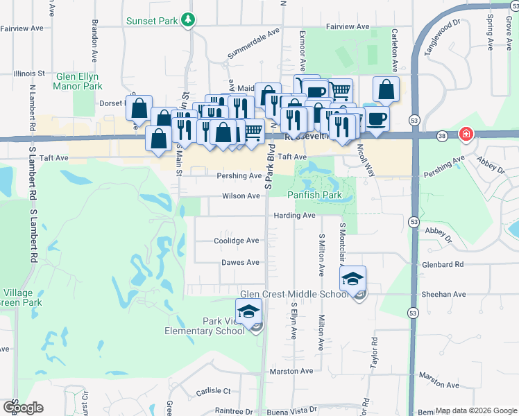 map of restaurants, bars, coffee shops, grocery stores, and more near in Glen Ellyn