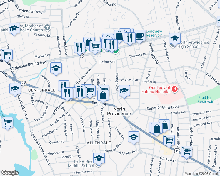 map of restaurants, bars, coffee shops, grocery stores, and more near 74 Sunset Avenue in North Providence