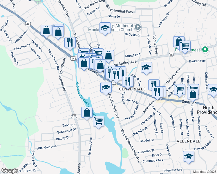 map of restaurants, bars, coffee shops, grocery stores, and more near 645 Woonasquatucket Avenue in North Providence
