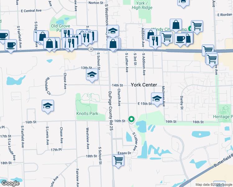 map of restaurants, bars, coffee shops, grocery stores, and more near 1408 Church Avenue in Lombard