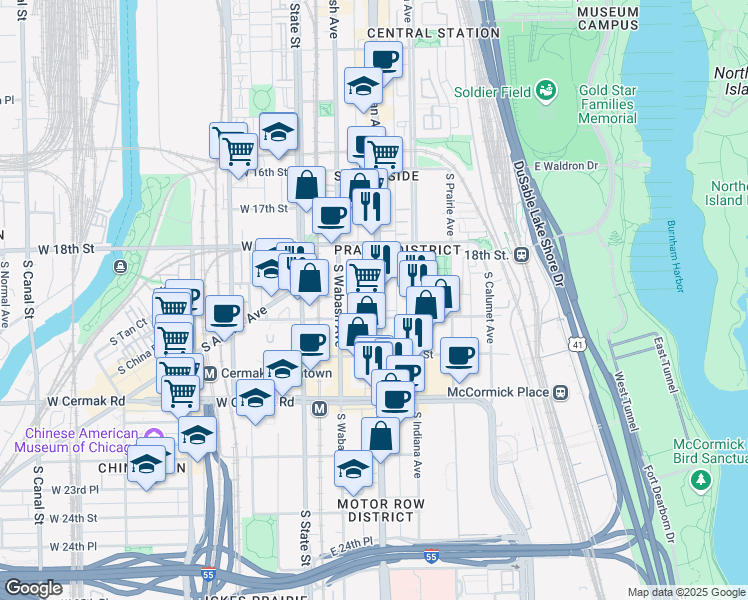 map of restaurants, bars, coffee shops, grocery stores, and more near 1918 Michigan Avenue in Chicago