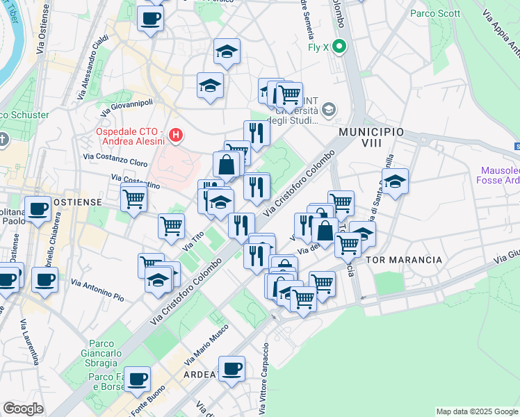 map of restaurants, bars, coffee shops, grocery stores, and more near 300 Via Cristoforo Colombo in Rome