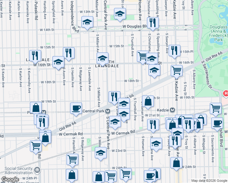 map of restaurants, bars, coffee shops, grocery stores, and more near 1836 South Drake Avenue in Chicago