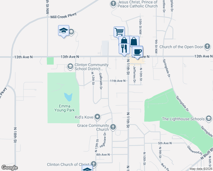 map of restaurants, bars, coffee shops, grocery stores, and more near 1036 North 12th Street in Clinton