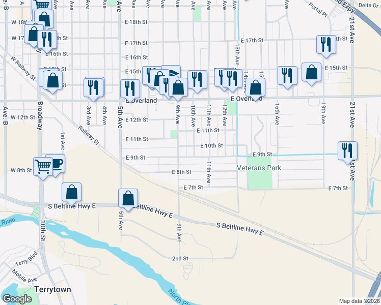 map of restaurants, bars, coffee shops, grocery stores, and more near 908 10th Avenue in Scottsbluff