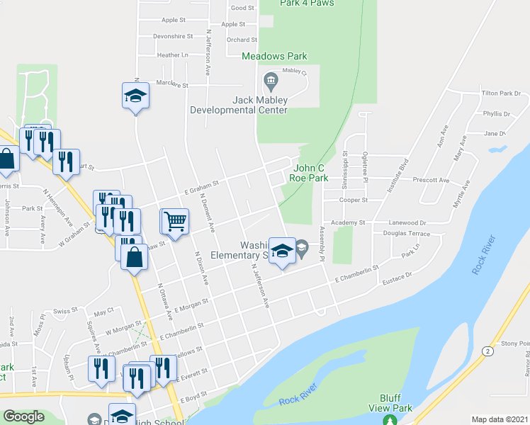 map of restaurants, bars, coffee shops, grocery stores, and more near 614 Bradshaw Street in Dixon