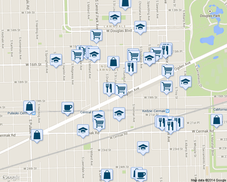 map of restaurants, bars, coffee shops, grocery stores, and more near 1836 South Saint Louis Avenue in Chicago