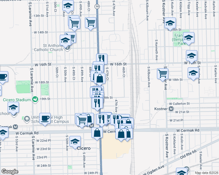 map of restaurants, bars, coffee shops, grocery stores, and more near 1815 South 47th Court in Cicero