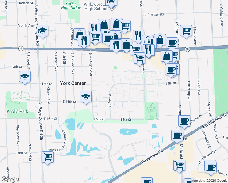 map of restaurants, bars, coffee shops, grocery stores, and more near 18W179 Standish Lane in Villa Park