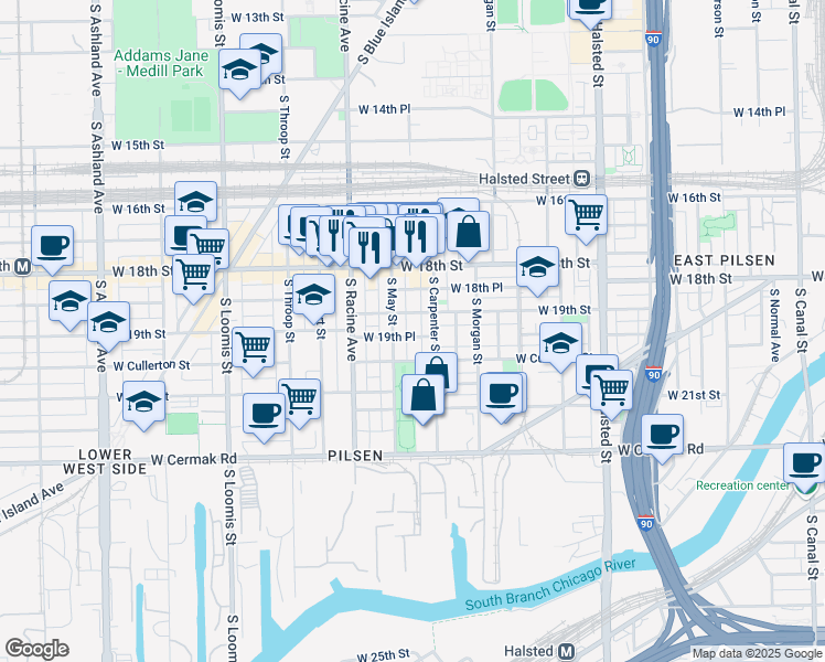 map of restaurants, bars, coffee shops, grocery stores, and more near 1120 West 19th Place in Chicago