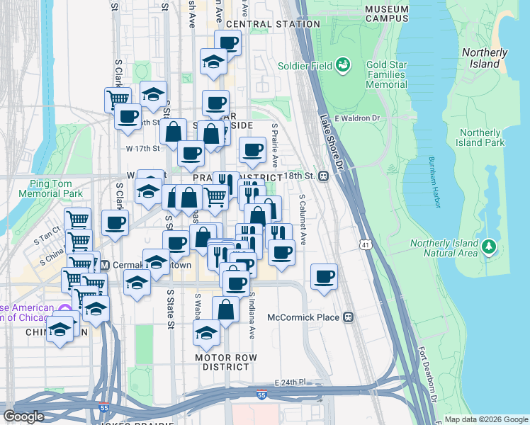 map of restaurants, bars, coffee shops, grocery stores, and more near 1952 South Prairie Avenue in Chicago