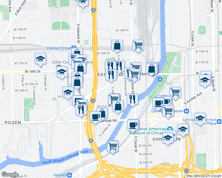 map of restaurants, bars, coffee shops, grocery stores, and more near 1922 South Jefferson Street in Chicago