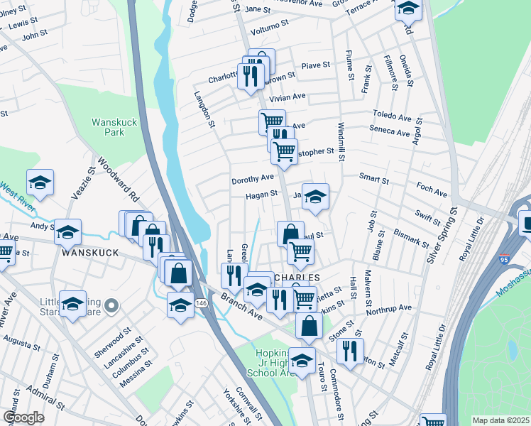map of restaurants, bars, coffee shops, grocery stores, and more near 23 Mendon Street in Providence
