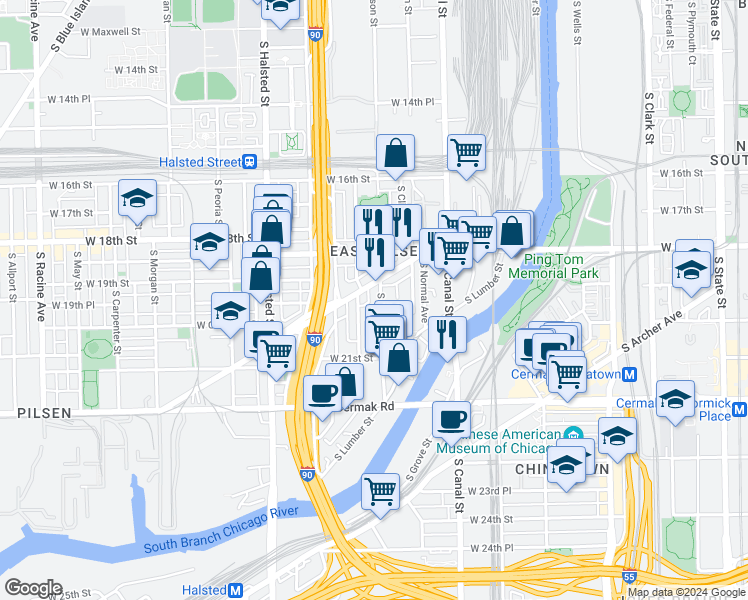 map of restaurants, bars, coffee shops, grocery stores, and more near 1924 South Jefferson Street in Chicago