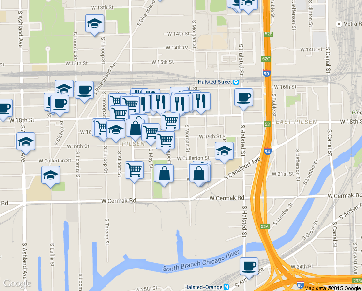 map of restaurants, bars, coffee shops, grocery stores, and more near in Chicago