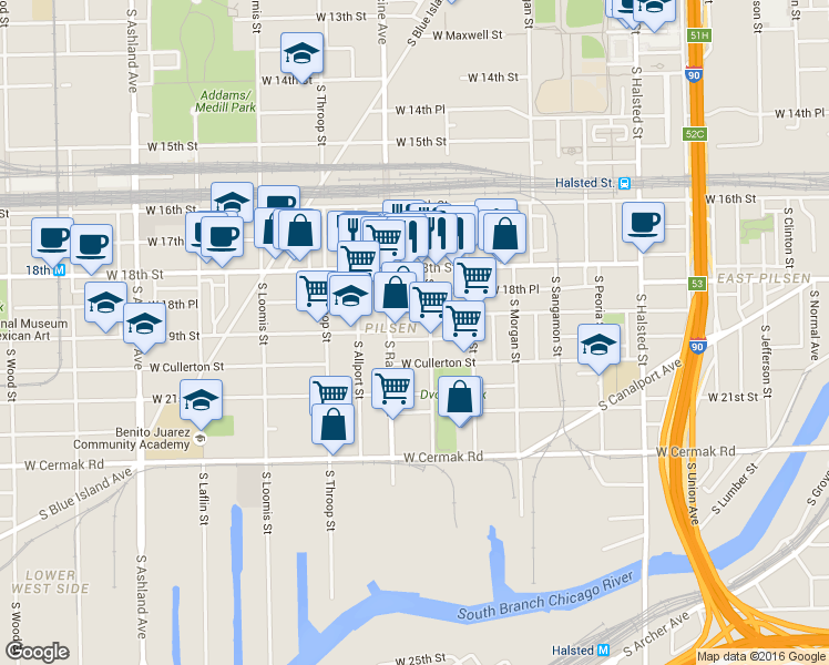 map of restaurants, bars, coffee shops, grocery stores, and more near 1160 West 19th Place in Chicago