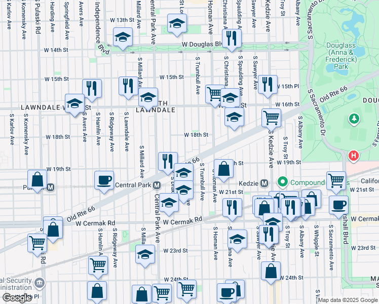 map of restaurants, bars, coffee shops, grocery stores, and more near 1833 South Saint Louis Avenue in Chicago