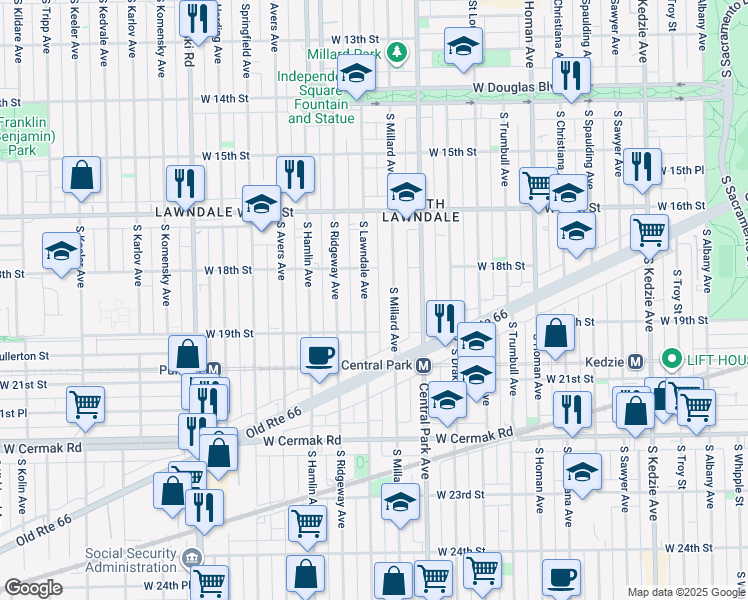 map of restaurants, bars, coffee shops, grocery stores, and more near 1837 South Lawndale Avenue in Chicago