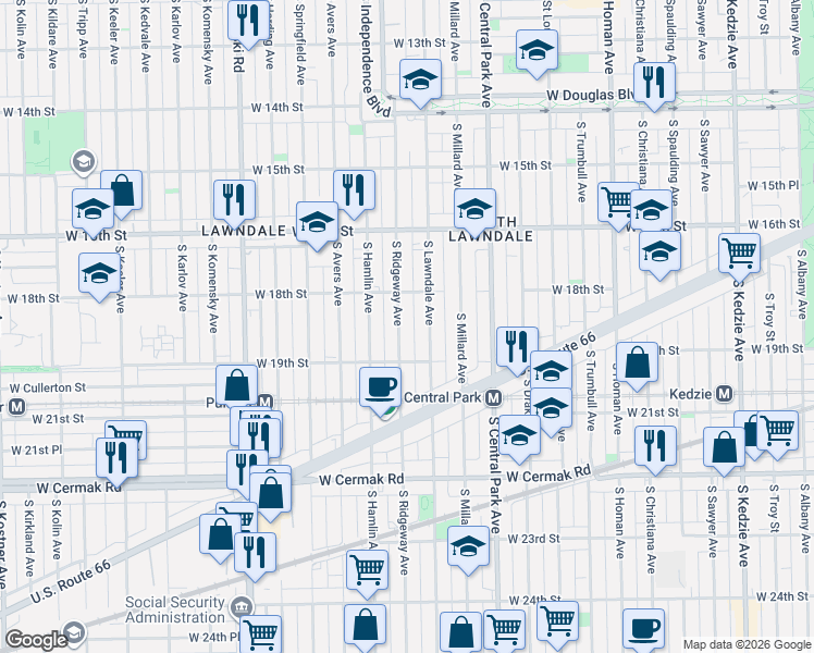 map of restaurants, bars, coffee shops, grocery stores, and more near 1837 South Ridgeway Avenue in Chicago