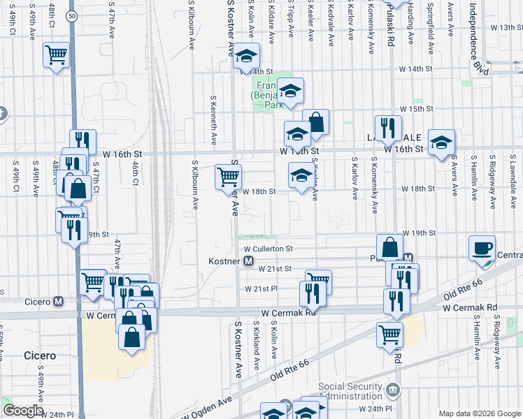 map of restaurants, bars, coffee shops, grocery stores, and more near 4338 West 18th Street in Chicago