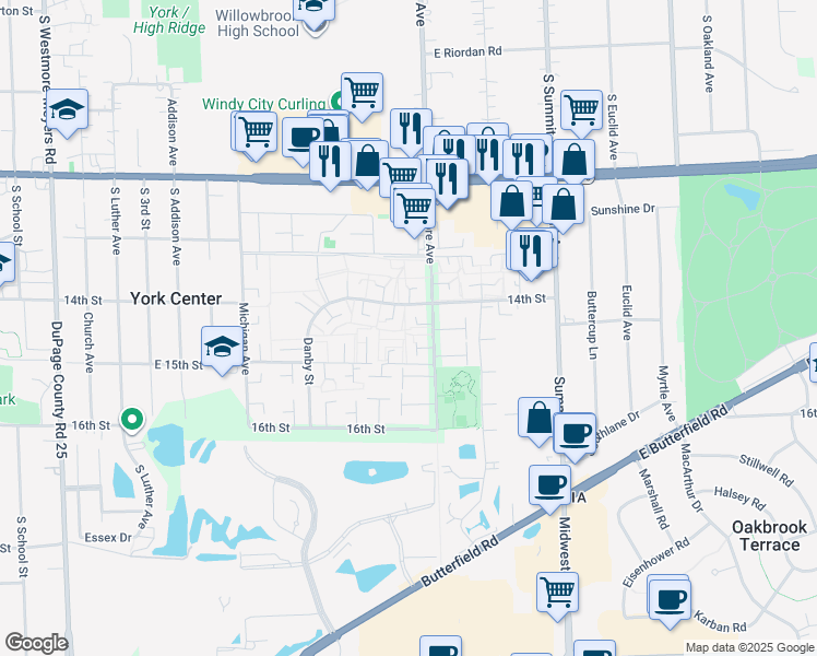 map of restaurants, bars, coffee shops, grocery stores, and more near 18W014 Standish Lane in Villa Park