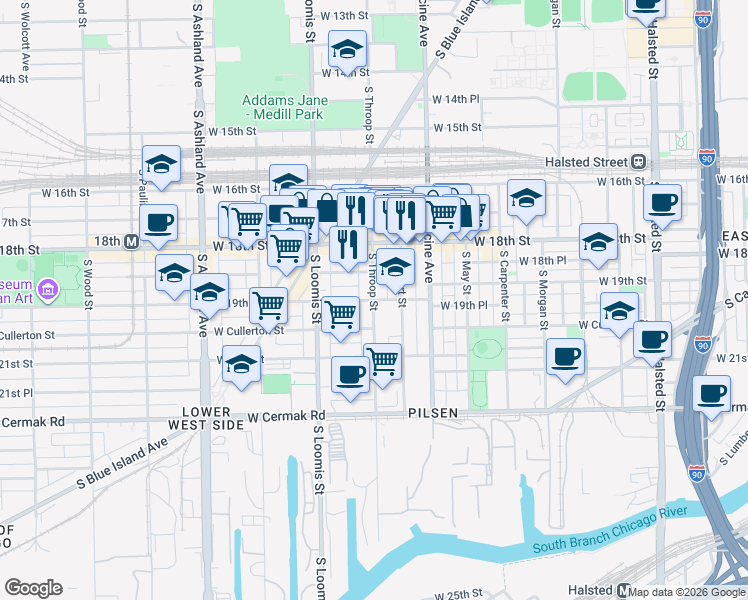 map of restaurants, bars, coffee shops, grocery stores, and more near W 19th St & S Throop St in Chicago