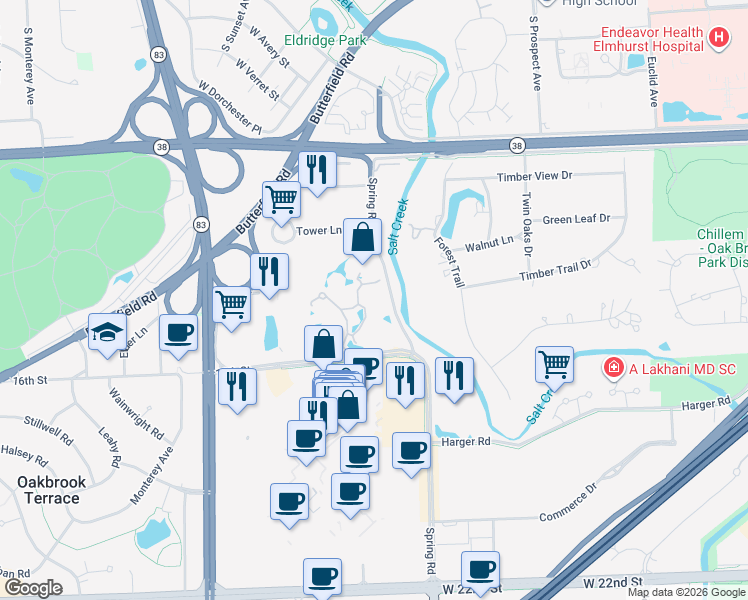 map of restaurants, bars, coffee shops, grocery stores, and more near 2 Oak Brook Club Drive in Oak Brook