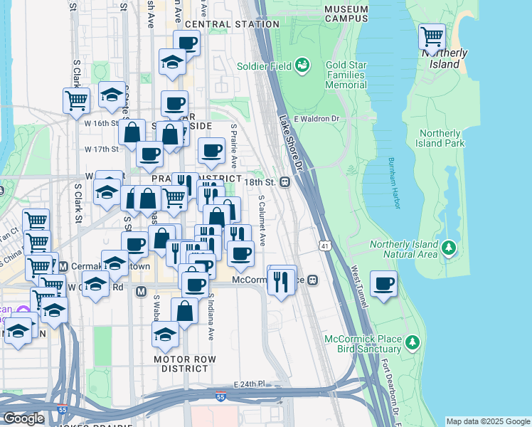 map of restaurants, bars, coffee shops, grocery stores, and more near 1917 South Calumet Avenue in Chicago